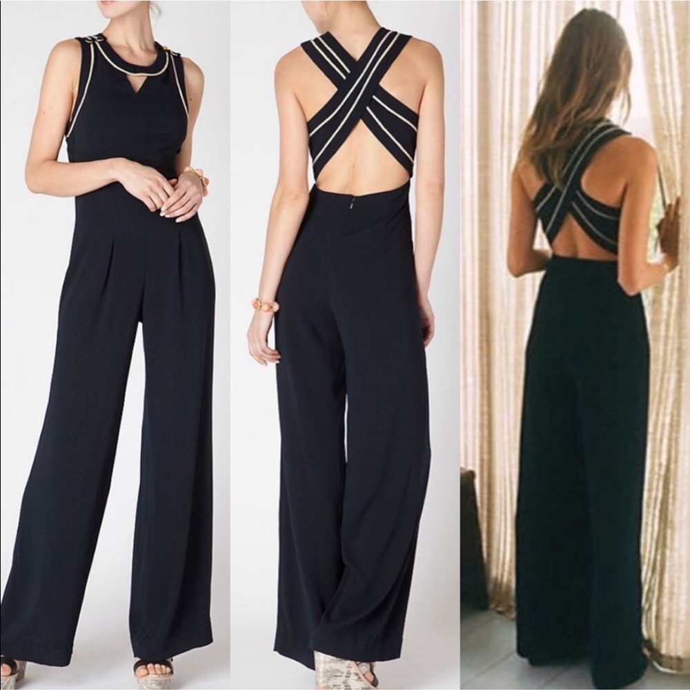 Anthropologie Black Cross-Back Wide-Leg Jumpsuit with Cream Trim
